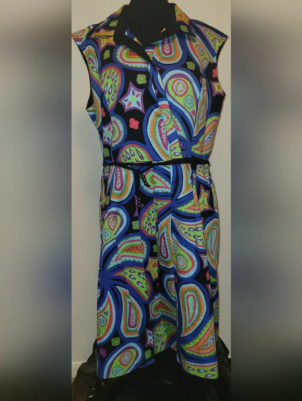 Ellen Tracy Black Multicolor Paisley Sleeveless Belted Dress